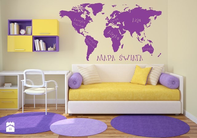 Rysunek mapy na ścianie w nietypowym, fioletowym kolrze, fot.: decomania.pl 