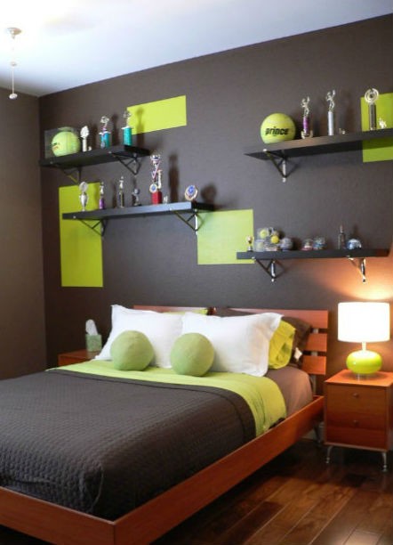 Ciemno-szare ściany i zielone dodatki w pokoju młodzieżowym, fot.: Diva Interior Concepts