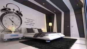 Szaro-biała ściana w sypialni; źródło: houzz.com