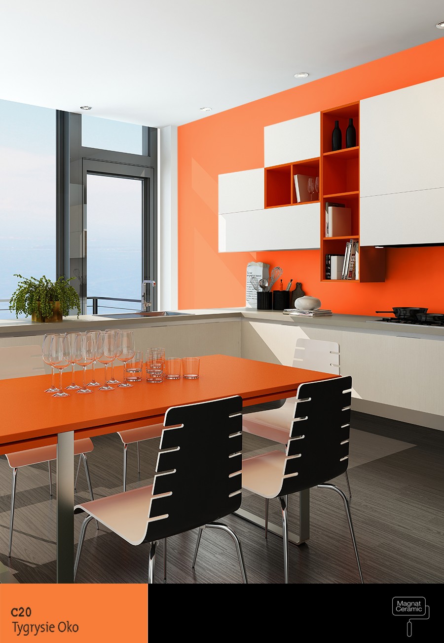 Salon z aneksem w nowoczesnej kolorystyce z nutą pomarańczy