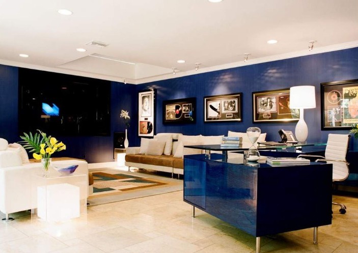 Granatowa ściana w salonie, fot.: Tracy Murdock Allied Asid granatowy kolor ścian