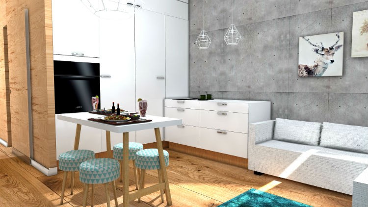 male mieszkanie dla rodziny salon i sypialnia