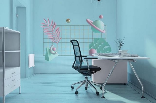 niebieska aranżacja biura